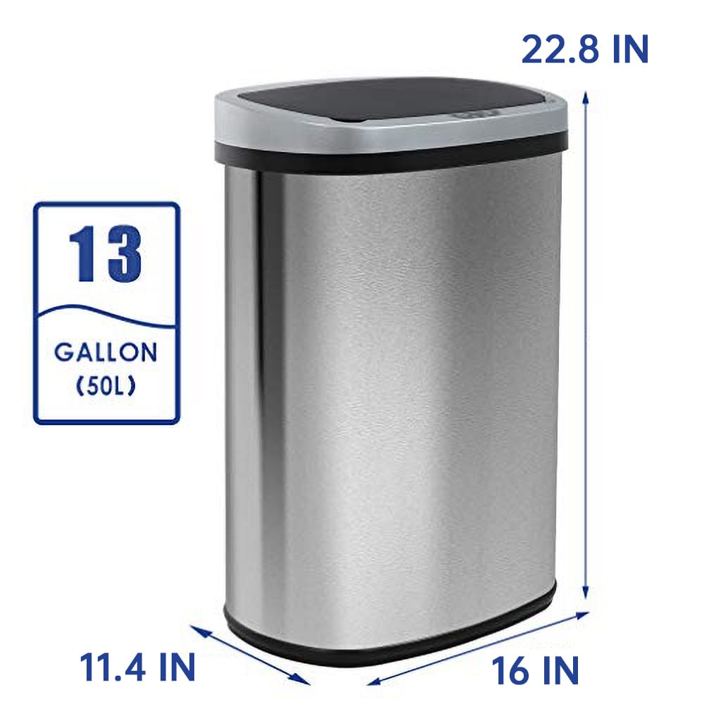 13-Gallon Touch-Free Kitchen Trash Can – Automatic High-Capacity Garbage Bin with Lid, Brushed Stainless Steel for Home & Office