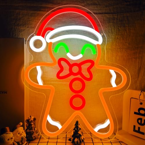 Gingerbread Man Neon Sign - Dimmable Christmas Neon Light for Wall Decor - Merry Christmas Light up Sign for Bedroom, Living Room, Home