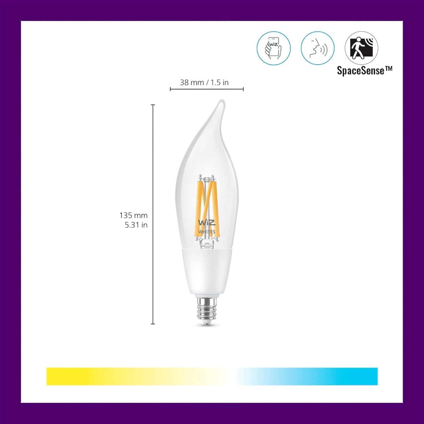 WiZ Clear 40W BA11 Tunable White Filament LED Smart Candle-Shaped Bulb - Pack of 1 - E12- Indoor - Connects to Your Existing Wi-Fi - Control