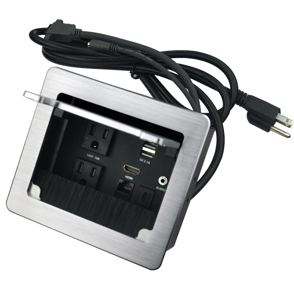 Tabletop Brush Connectivity Box with 2 AC Power + 2 USB Charger + HDMI + 1 3.5mm Audio + USB-C Data + RJ45(cat6) for Conference (Silver)