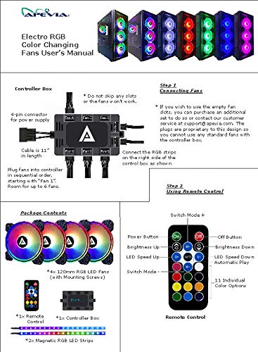 Apevia ET42-RGB Electro 120mm Silent RGB Color Changing LED Fan with Remote Control, 28x LEDs & 8X Anti-Vibration Rubber Pads w/ 2 Magnetic LED Strips