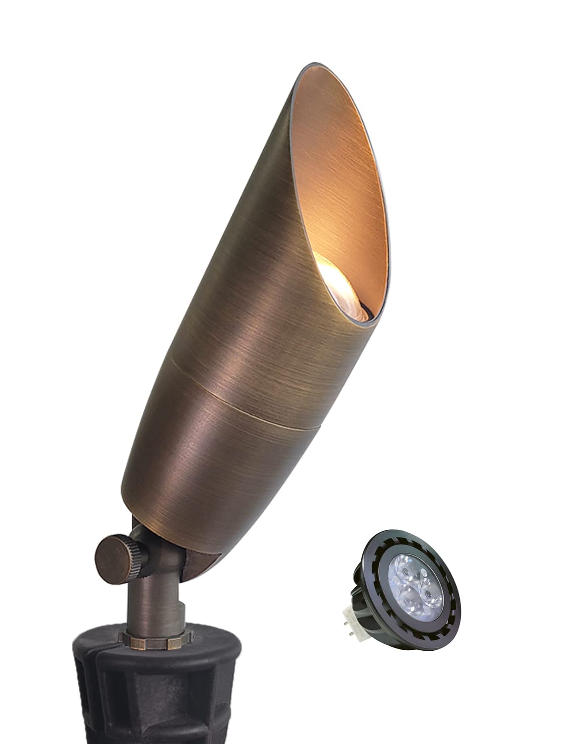 MALORY Solid Brass Landscape Spotlight 1-Pack with Bulb(S06), Low Voltage Front and Backyard Landscape Lighting with Large Rugged Slot Spike & Wire