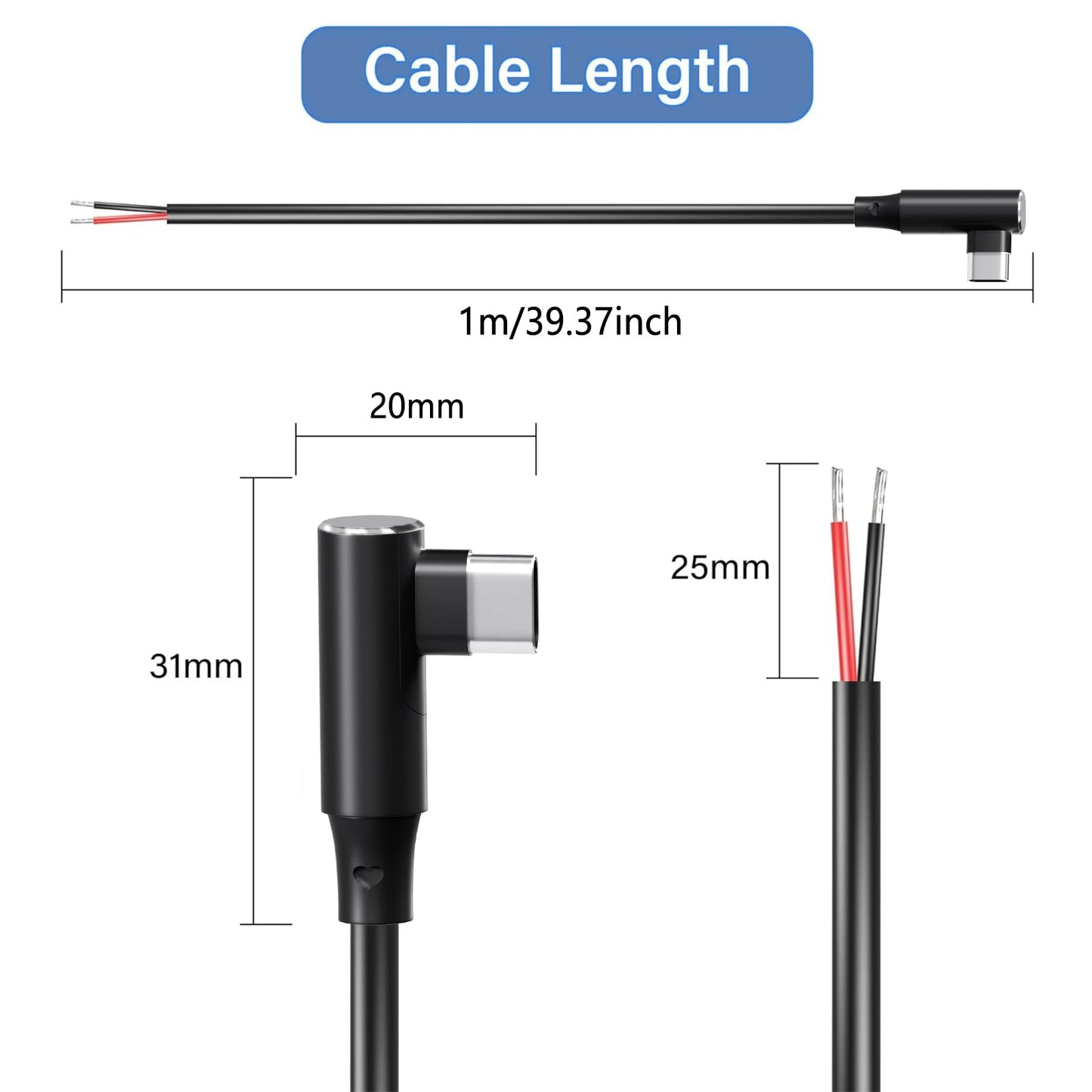 Vovucai USB C Pigtail - USB C to 2 Pin Bare Wire Open End Power Cable, 90 Degree Right Angle Type C Male Plug (1M/3FT, 22AWG 5V/3A) for DIY Repair