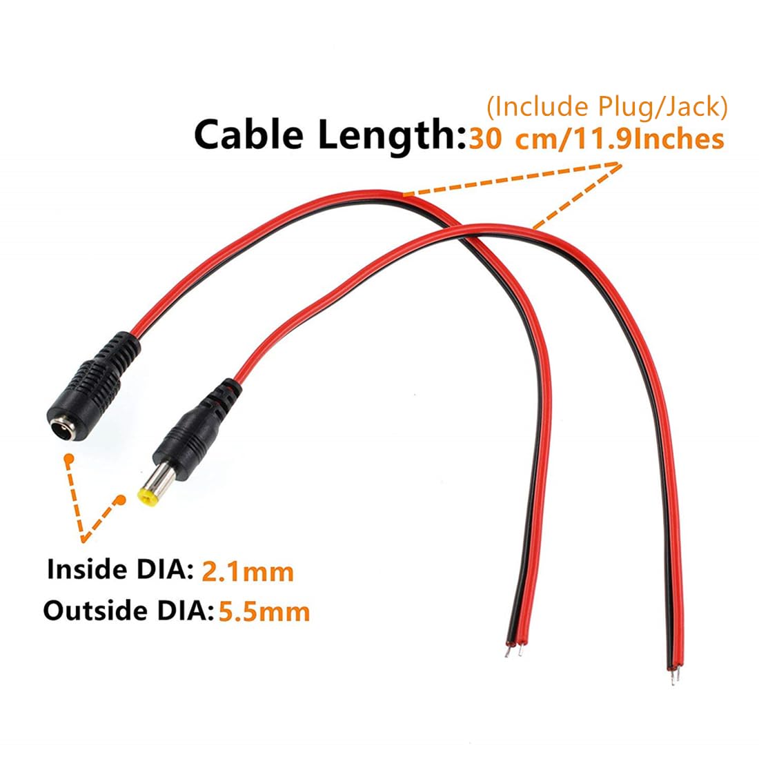 GANASOME 10pcs DC Power Pigtail Cable - 12V 5A Female Connector for CCTV Home Security Surveillance