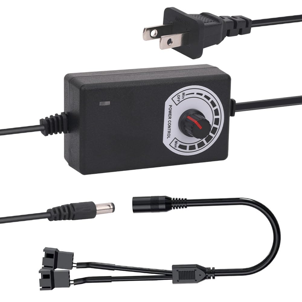 Multi-Functional 12V PC Fan Speed Controller,Fan Power Supply,100-240V AC to 3-12V DC 24W Adjustable PC Fan Power Adapter,with Fan Splitter Cable,DC