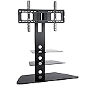 2xhome - TV Stand - Universal Modern TV Stand with Integrated Swivel 35 Degree Monitor Plasma Three 3 Display Black Glass Shelf Surfaces Mount Bracket