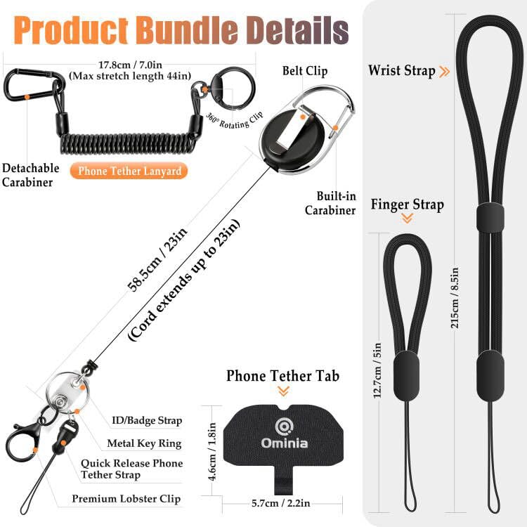 Ominia Retractable Phone Tether Lanyard: Anti-Theft Retractable Cellphone Lanyard with Universal Cellphone Tether Cord Wrist & Finger Strap Phone Cord