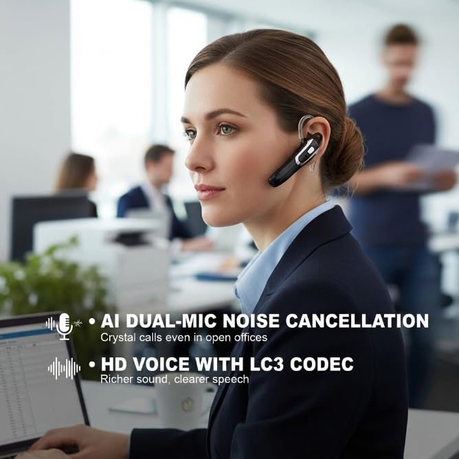 Bluetooth Earpiece Headset V6.0 with Noise Cancelling & 38 Hours Talk Time - Trucker Handsfree Earpiece, Dual Device Pairing, Single Ear Wireless