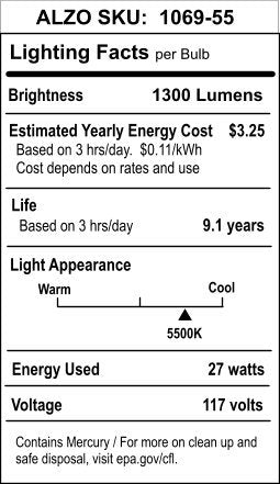 ALZO 27W Full Spectrum CFL Light Bulb 5500K, 1300 Lumens, 120V, Pack of 4