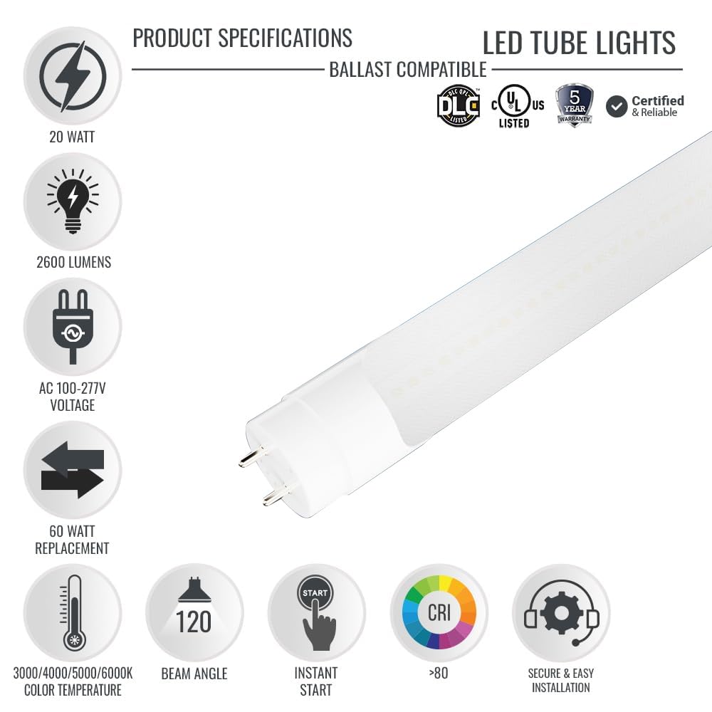 LEDMyplace 20W 4Ft LED Tube Light Bulb, Double Ended Ballast Compatible, Frosted Lens, 5000K Daylight White, 60W Replacement, for Office, Warehouse