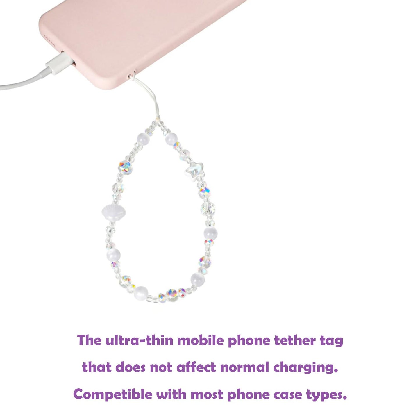 NUANJUYU Cute Sparkling Star & Cat's Eye Phone Lanyard, Beaded Crystal Charm Strap for Phone Keys Purse - Gift for Women Girls?White ?