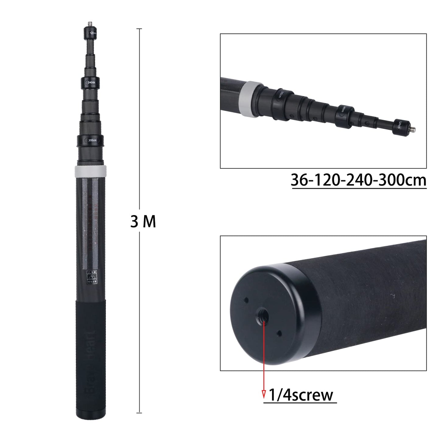 Rukkawwa 36cm Extended to 3m Super Long Carbon Fiber Invisible Selfie Stick for Insta360 for Insta 360 X5 X4 X3 X2 ONE R/RS for GoPro max for DJI OSMO