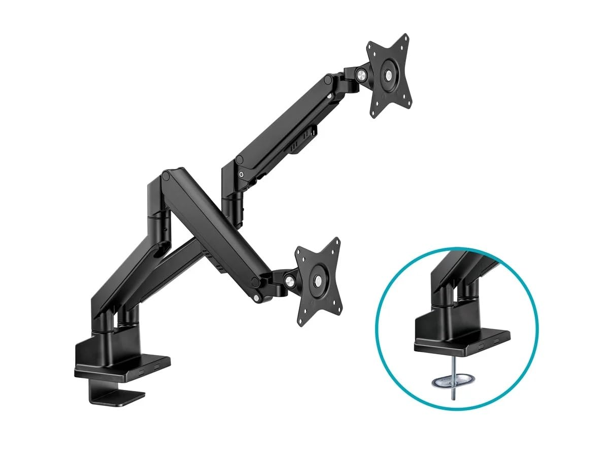 Monoprice Low Profile Dual Monitor Gas Spring Desk Mount - Up to 32in/19.8 lbs Screens, Detachable VESA 100x100/75x75 Plate, 180 Degree Wall Stop