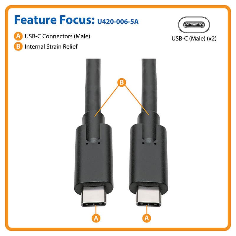 Tripp Lite USB-C to USB Type-C Cable, USB 3.2 Gen 1, 5A / 100W Charging, 5 Gbps Data, Thunderbolt 3 Compatible, Black, 6 Feet / 1.8 Meters, 3-Year