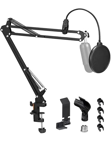 BOSEEN Microphone Boom Arm, Adjustable Suspension Boom Scissor Arm Stand with Heavy Duty Clamp, Pop Filter and Mic Clip Compatible with Yeti, QuadCast