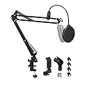 BOSEEN Microphone Boom Arm, Adjustable Suspension Boom Scissor Arm Stand with Heavy Duty Clamp, Pop Filter and Mic Clip Compatible with Yeti, QuadCast