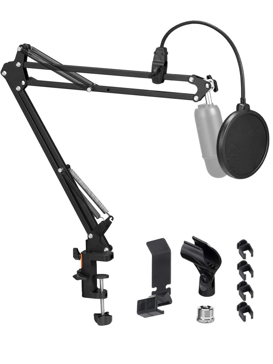 BOSEEN Microphone Boom Arm, Adjustable Suspension Boom Scissor Arm Stand with Heavy Duty Clamp, Pop Filter and Mic Clip Compatible with Yeti, QuadCast