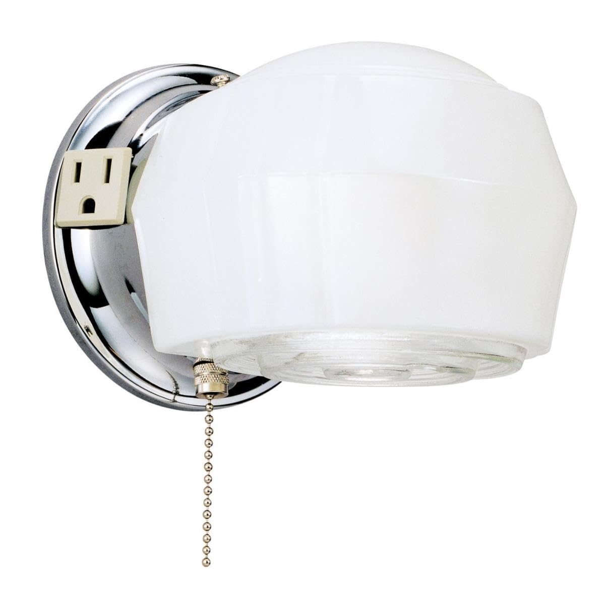 One-Light Classic Wall Fixture with Ground Convenience Outlet and Pull Chain, Chrome Finish Base with White and Crystal Glass