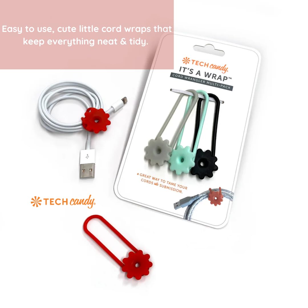 Tech Candy It's a Wrap Cord Organizer Set- Comes with 4, Black, Red, Mint, & Gray, Cord Wrangler, Easy to Use, Cute, Compact & Portable,
