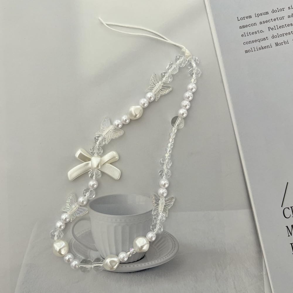 Juroicessry White Mobile Phone Lanyard Universal Phone Chain Black Bow White Pearl Beaded Phone Lanyard Wrist Strap Anti Lost Phone Charm Strap