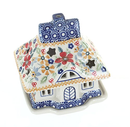 Blue Rose Polish Pottery - Red Daisy House Luminary - 5" x 4.5" - Hand-Painted Polish Pottery Holiday Candle Holder, Unique Christmas Gift & Festive