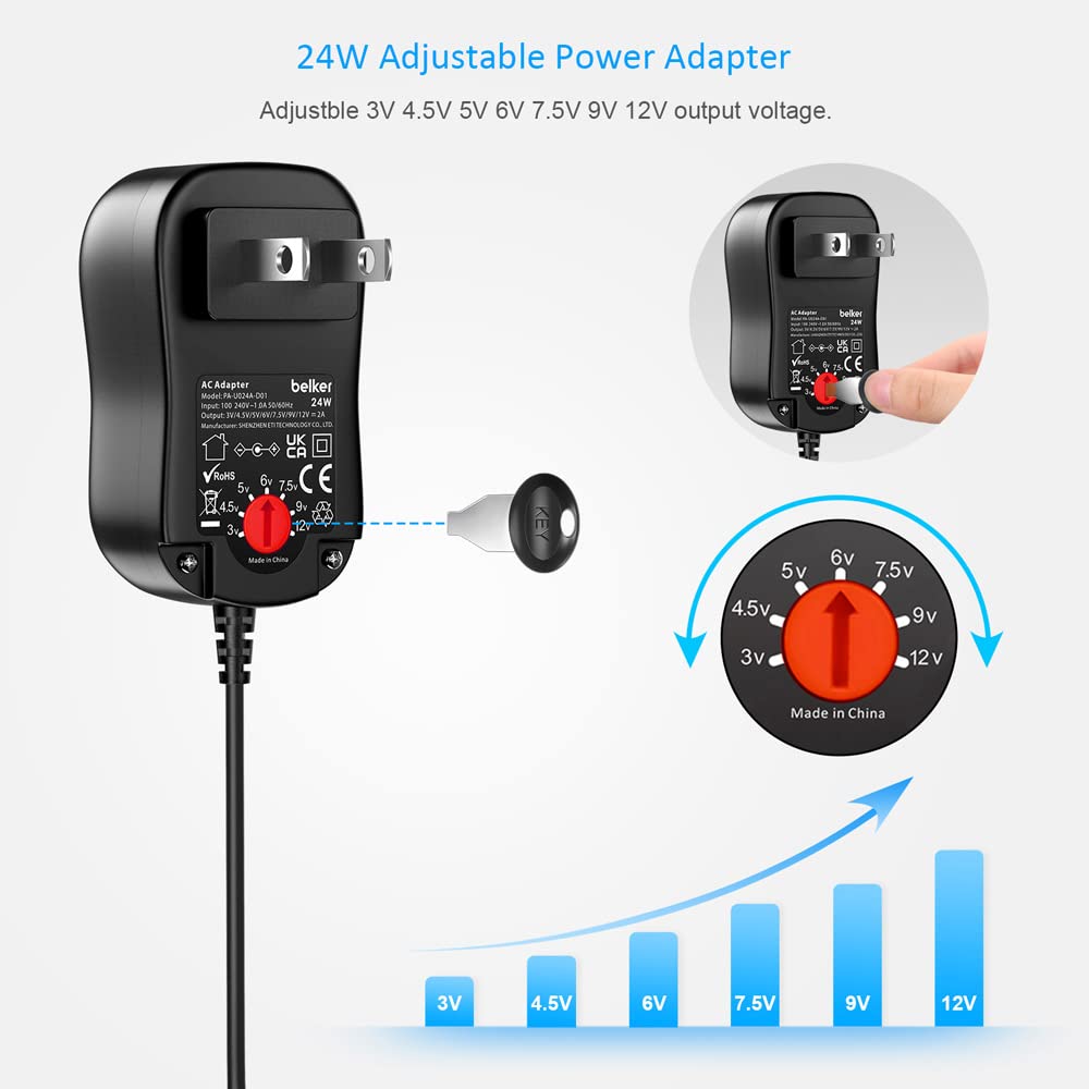 Belker 24W Universal AC/DC Adapter Multi-Voltage Regulated Switching Power Supply with 9 Selectable Adapter Plugs for 3V 4.5V 5V 6V 7.5V 9V 12V…