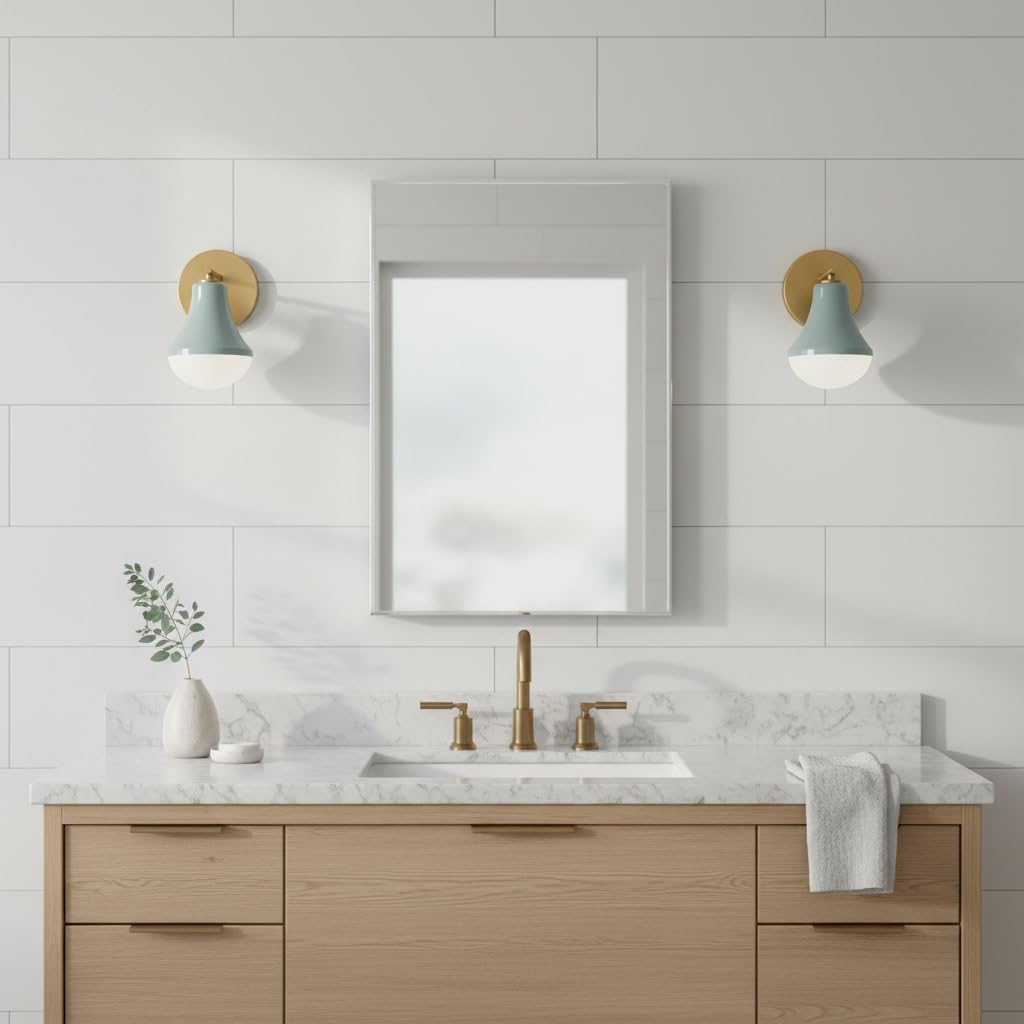 Lark Haddie Modern Bath Sconce, Single Light, Mount Up or Down, Dimmable, Seafoam and Lacquered Brass