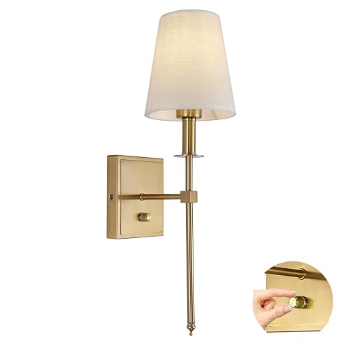 Rizzyluz Gold Wall Sconce Lighting Modern Wall Sconce, Modern Bathroom Vanity Light Fixture Dimmable with On Off Dimmer Switch Linen Fabric Shade