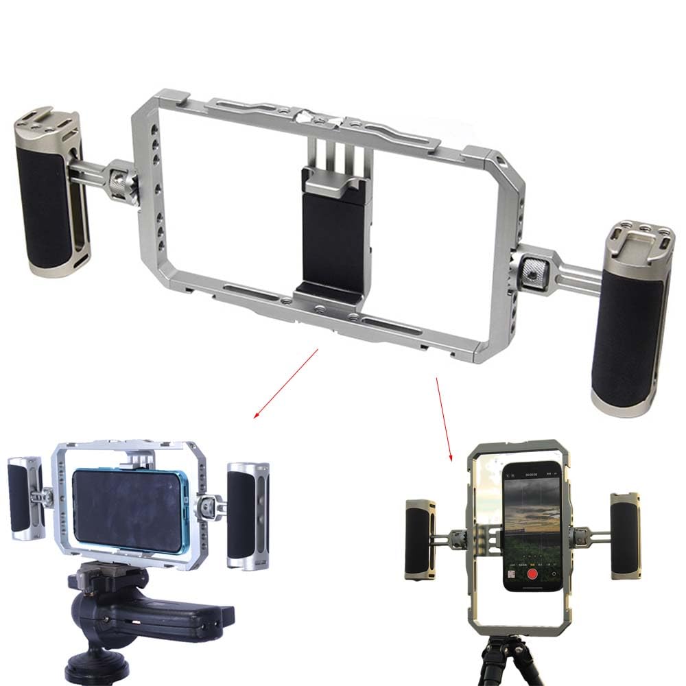 Dual Handheld Metal Stabilizer Bracket Holder for Smart Mobile Phone Shooting, Universal Fully Surrounded Photography Cage for Smart Mobile Phone