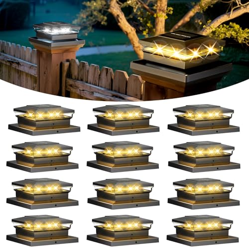 Solar Post Cap Lights 12 Pack, Fence Post Solar Lights, Warm White/Cool White Lighting, Black Waterproof Outdoor Post Lights for Garden Patio Porch