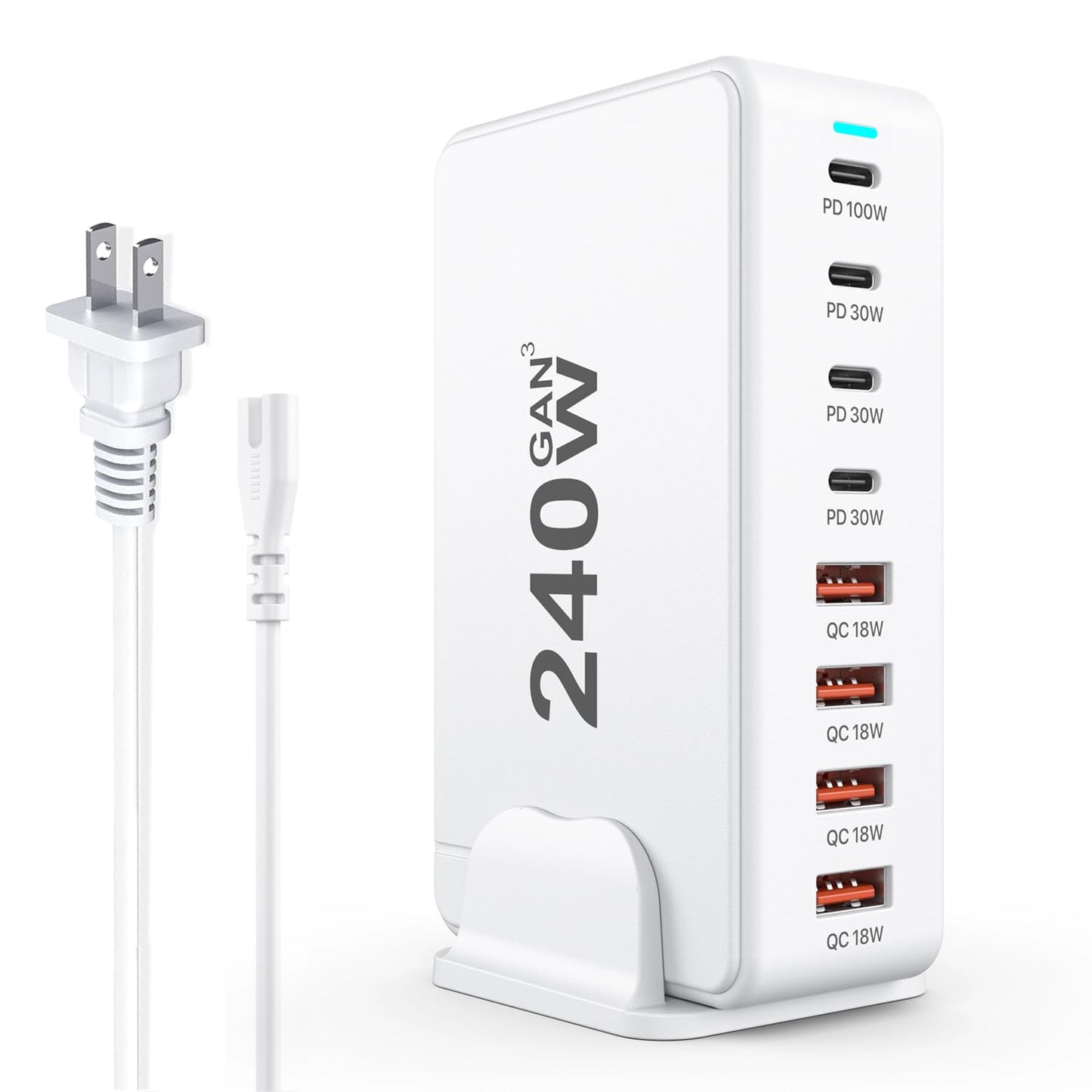 USB C Charger, 240W GaN 8 Port USB Fast Block, PD100W Multi-Port Charging Station, Power Adapter Plug for Samsung/iPhone/Google, Laptop Charger