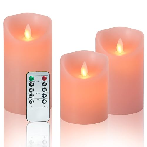 Flameless LED Battery Operated Flickering Candles: 4" 5" 6" Set of 3 Pink Real Wax Pillar Dancing Flame 10-Key Remote Control Candle Lights 300Hours