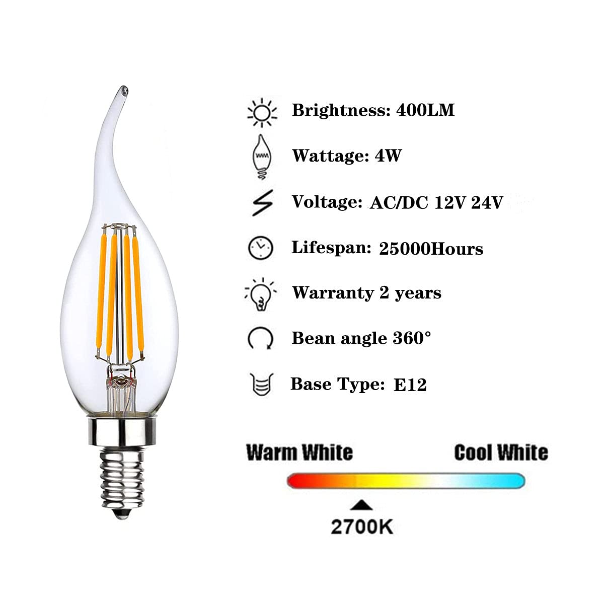 SHUWDKAR 12 Volt Candelabra Bulbs LED 4W E12 Bulbs 40 Watt Equivalent 2700K