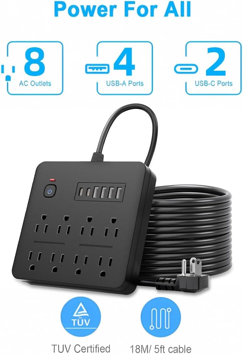 6 FT Flat Plug Surge Protector Power Strip,8 Multiple AC Outlets with 6 USB Ports (2 USB C), 6 Feet Extension Cord, 1250W/10A, One Touch Switch