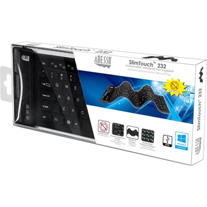 Adesso SlimTouch 232 Antimicrobial Waterproof Flexible Keyboard for Windows 8/7/Vista/XP/2000 (AKB-232UB), black