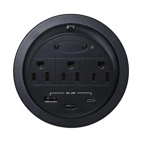 Kable Kontrol Recessed Power Grommet Desk Outlet, 3 AC Outlets,1 USB-A, 1 USB-C, 8’ Ft Power Cord, Flush Mount Fast Charging Station, for Office