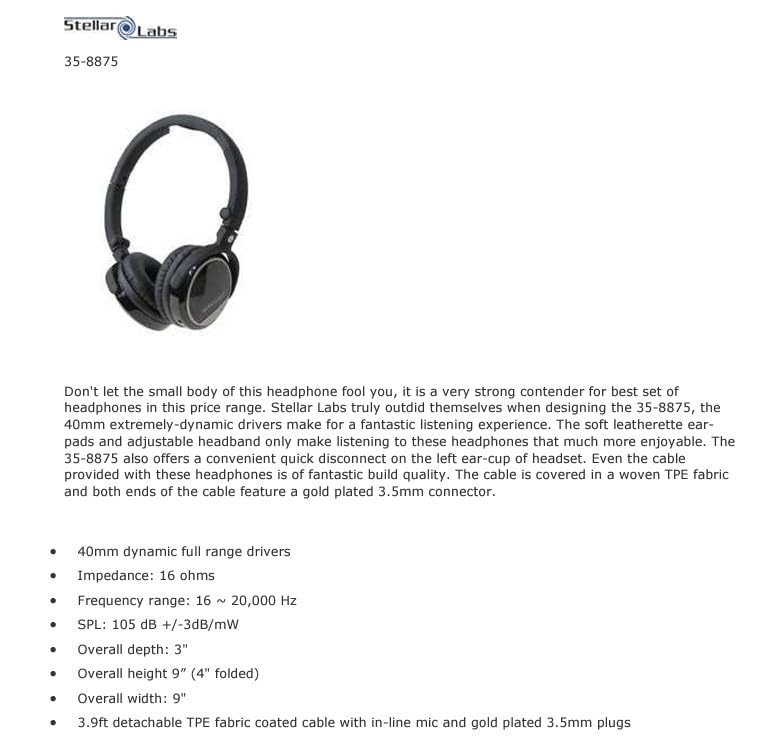 Stellar Labs Headphones, Over-The-Ear, 16 Ohm, 16Hz to 20kHz, 3.5mm Connector, 4ft. Cord