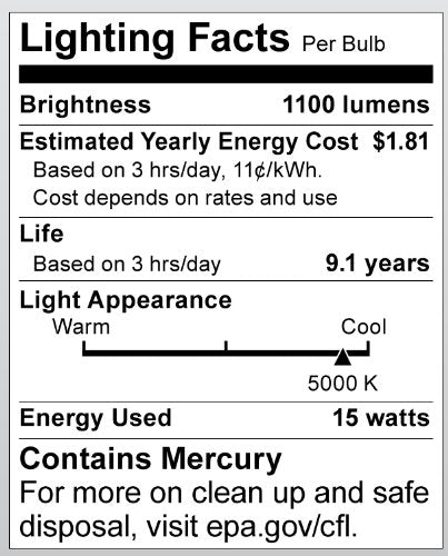 Satco S7223 15-Watt Medium Base T2 Mini Spiral, 5000K, 120V, Equivalent to 60-Watt Incandescent Lamp for Enclosed Fixtures
