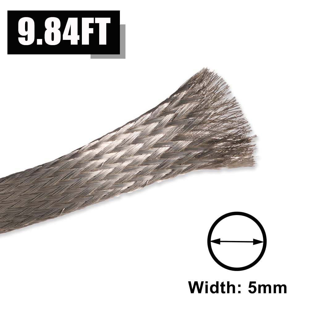 QuQuyi 9.84ft 5mm Braided Ground Strap Tinned Copper Flat Sleeving Expandable Metal Sheath Screening Signal Wire Cable Shielded