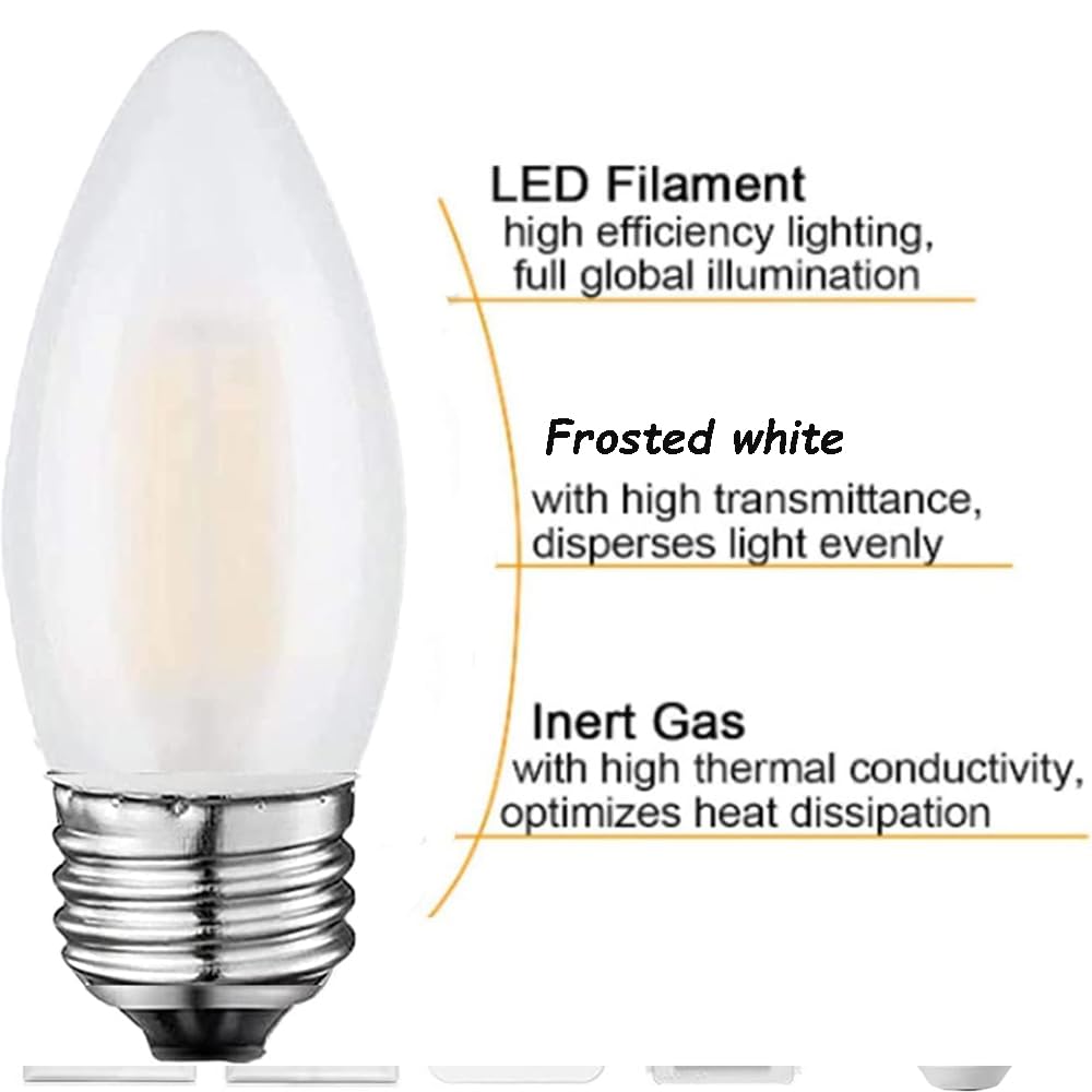 Jacqings E26 Candelabra LED Light Bulbs Frosted Chandelier B11 Torpedo Tip Dimmable 2W 25 Watt Equivalent 2700K Warm White Decorative Candle Bulbs (6