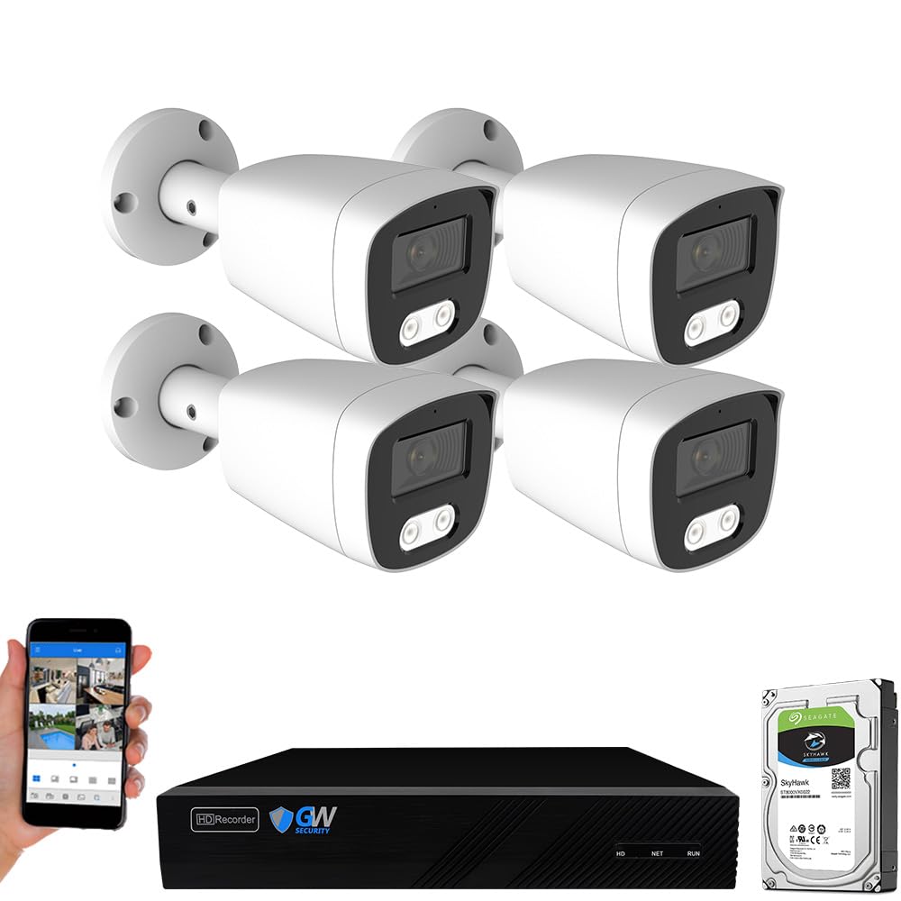 GW Security 8 Channel 12MP NVR 4K Security Camera System with 4 x 8MP PoE Spotlight Color Night Vision Outdoor/Indoor Microphone Bullet Cameras, Smart