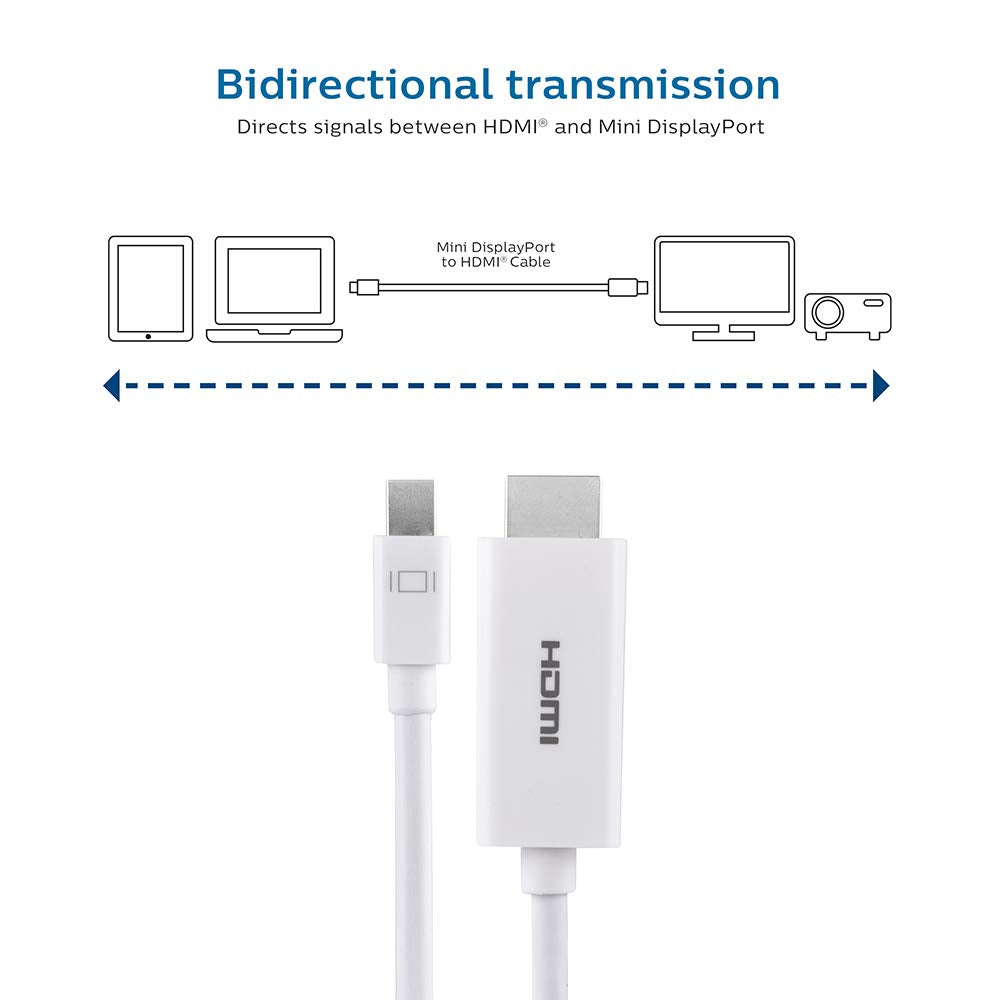 Philips Mini DisplayPort to HDMI Cable, 6 Foot Cable, Works with Laptops, Tablets, HDTV, Projectors, Full HD 1080p, 4K Ultra HD @ 30Hz, Mac and PC