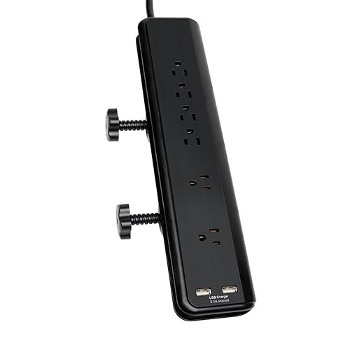 Uninex PS109 Clamp Mount 6-Outlet Workshop Power Strip with 2 USB Charging Ports, Screw-On, 6-Foot