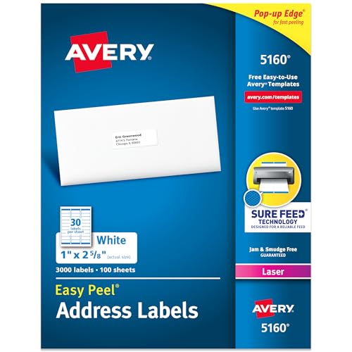 Avery Easy Peel Printable Address Labels with Sure Feed, 1" x 2-5/8" Customizable Stickers, White, 3,000 Blank Mailing Labels, Great for Mailing