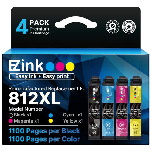 E-Z Ink Remanufactured Ink Cartridge Replacement for Epson 812XL Ink Cartridges Combo Pack for 812 Ink Cartridges for WF-7840 WF-7820 WF-7310 EC-C7000