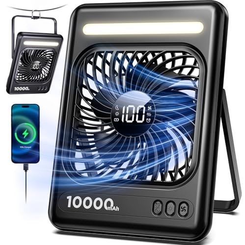 10000mAh Portable Travel Fan, 5 Speeds Strong Wind Cruise Fan with LED Lantern, 24H Runtime Personal Rechargeable Fan, 2/4/6/8H Timer, Ultra-thin