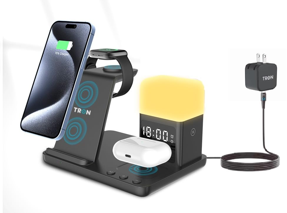 Tron Multifunction, 6 in 1- Wireless Charger Fast Charging for iPhone, Apple Watch & Airpods with Lamp & Clock TR20 Model