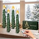 Htscudtg Christmas Tree Candles with Remote Timer, 4 Pcs 9.6" LED Flameless Taper Candles, Battery Operated Xmas Green Tree Shaped Candlesticks