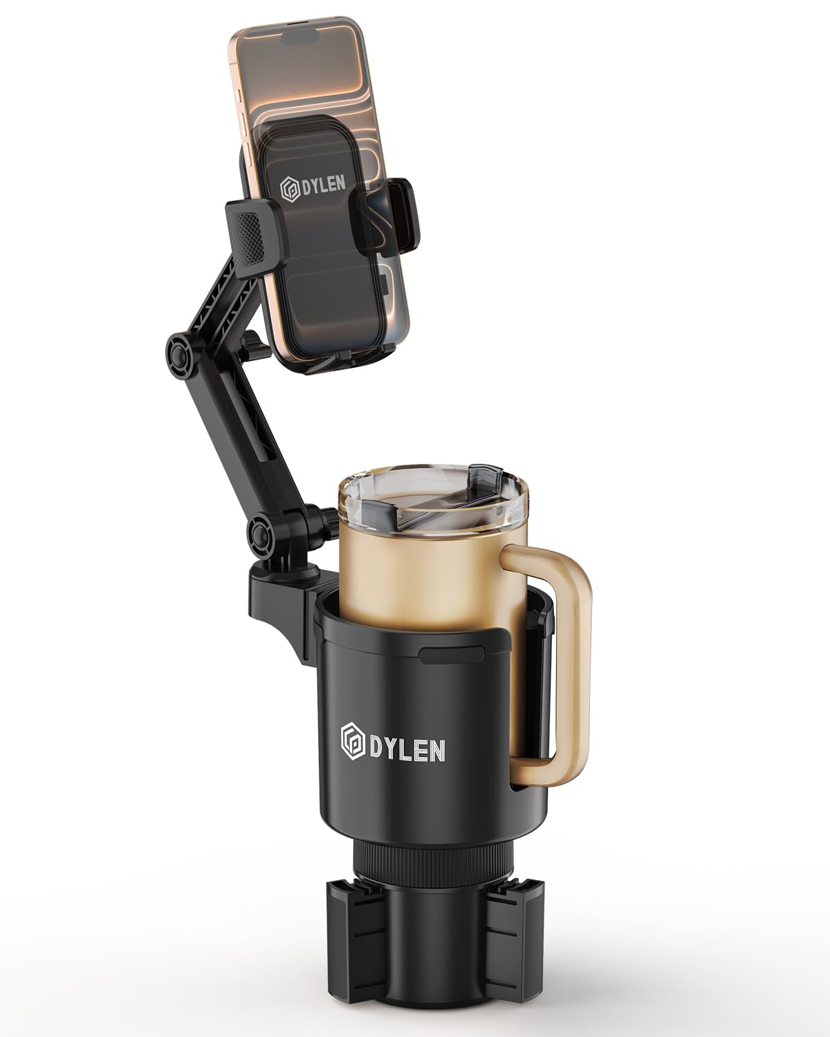 DYLEN Cup Holder Phone Holder for Car, 2 in 1 Cup Holder Phone Mount with Adjustable Base, Long-Arm Supports 360° Rotation, Car Phone Holder