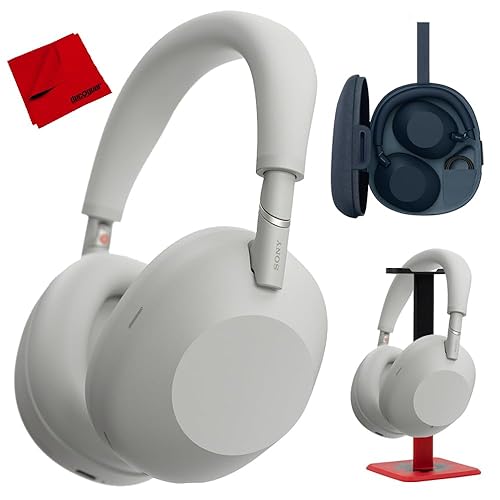 Sony WH-1000XM6 Best Wireless Noise Canceling Headphones, Platinum Silver Bundle with Deco Gear Pro Audio Headphone Stand in Matte Black/Red